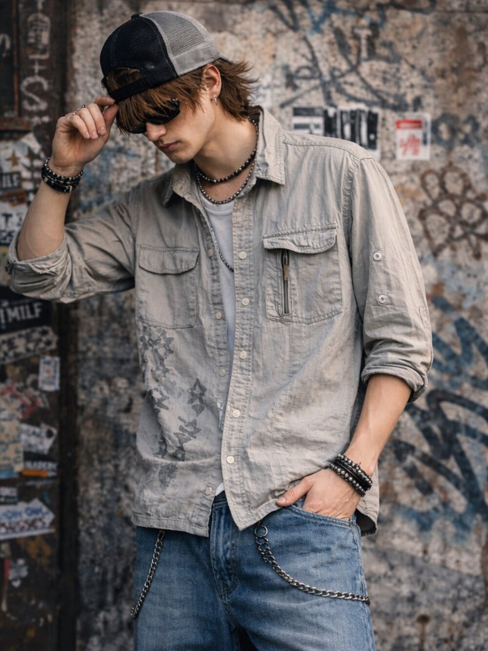 Vintage GUESS Shirt Mens Medium Grey Utility Zip Pocket Button Up Y2K Workwear